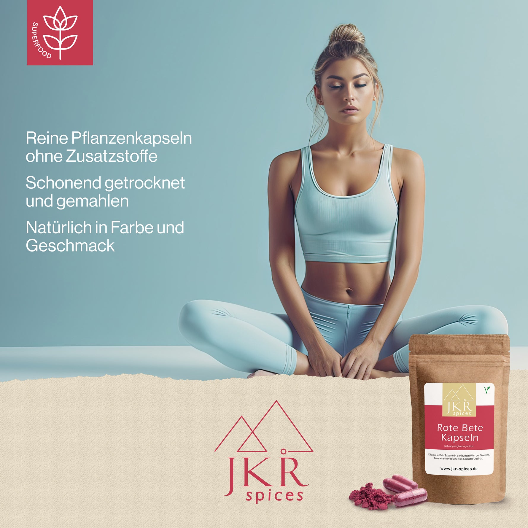 Frau beim Yoga und Meditation, Lifestyle Bild für Energie und Balance, JKR Spices Rote Bete Kapseln als Supplement
