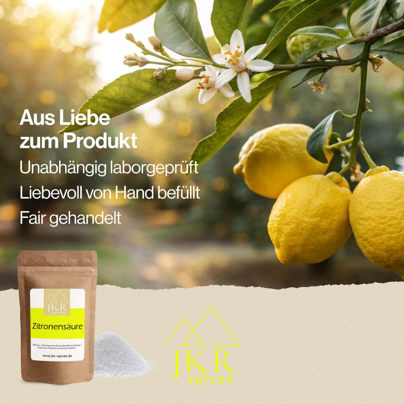 Aus Liebe zum Produkt, Zitronen am Baum, JKR Spices Zitronensäure im Doypack, sorgfältig ausgewählte Zutaten