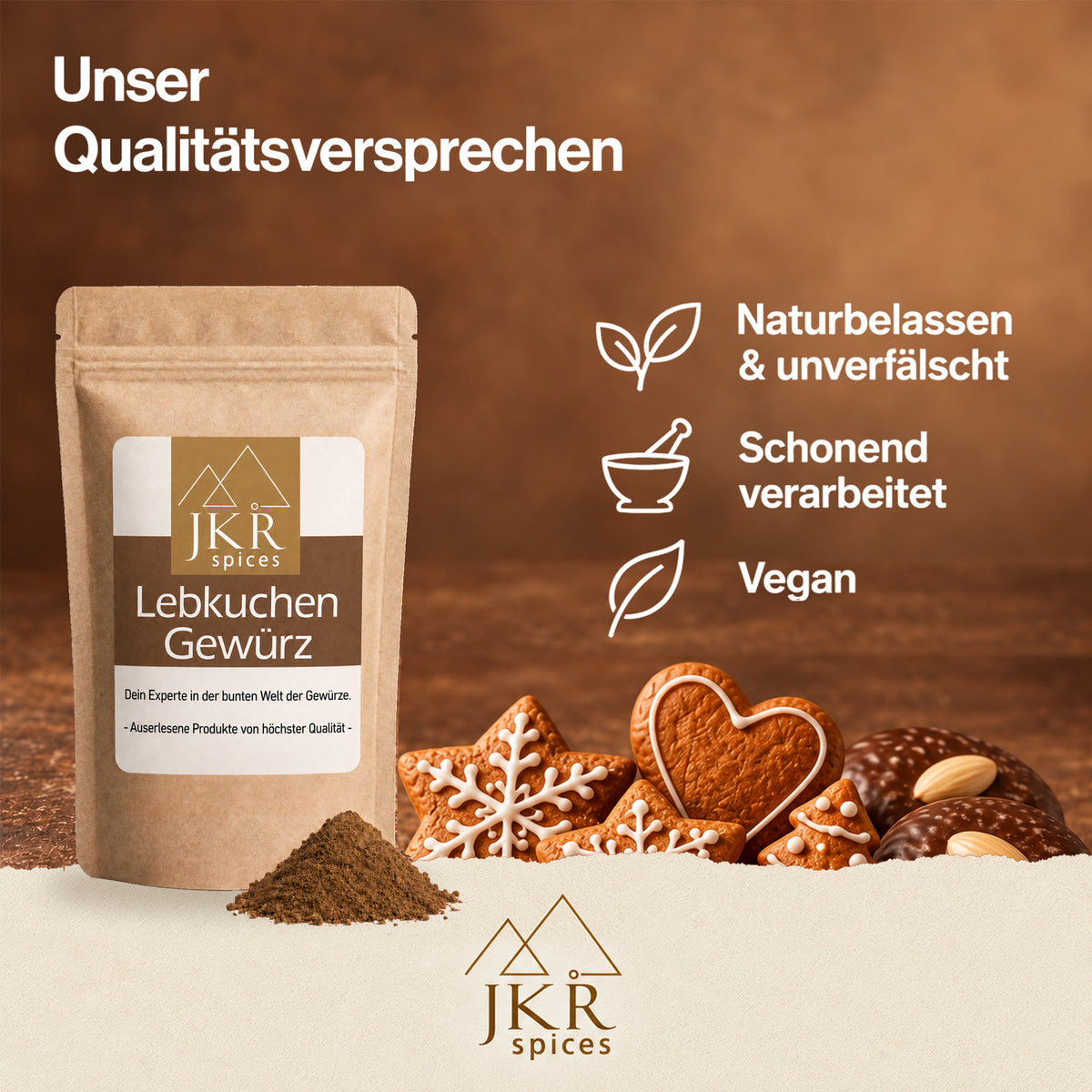 JKR Spices Lebkuchengewürz mit Qualitätsversprechen: naturbelassen, schonend verarbeitet und vegan.