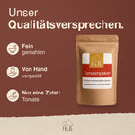 Qualitätsversprechen für JKR Spices Tomatenpulver: fein gemahlen, von Hand verpackt und nur eine Zutat – Tomate.