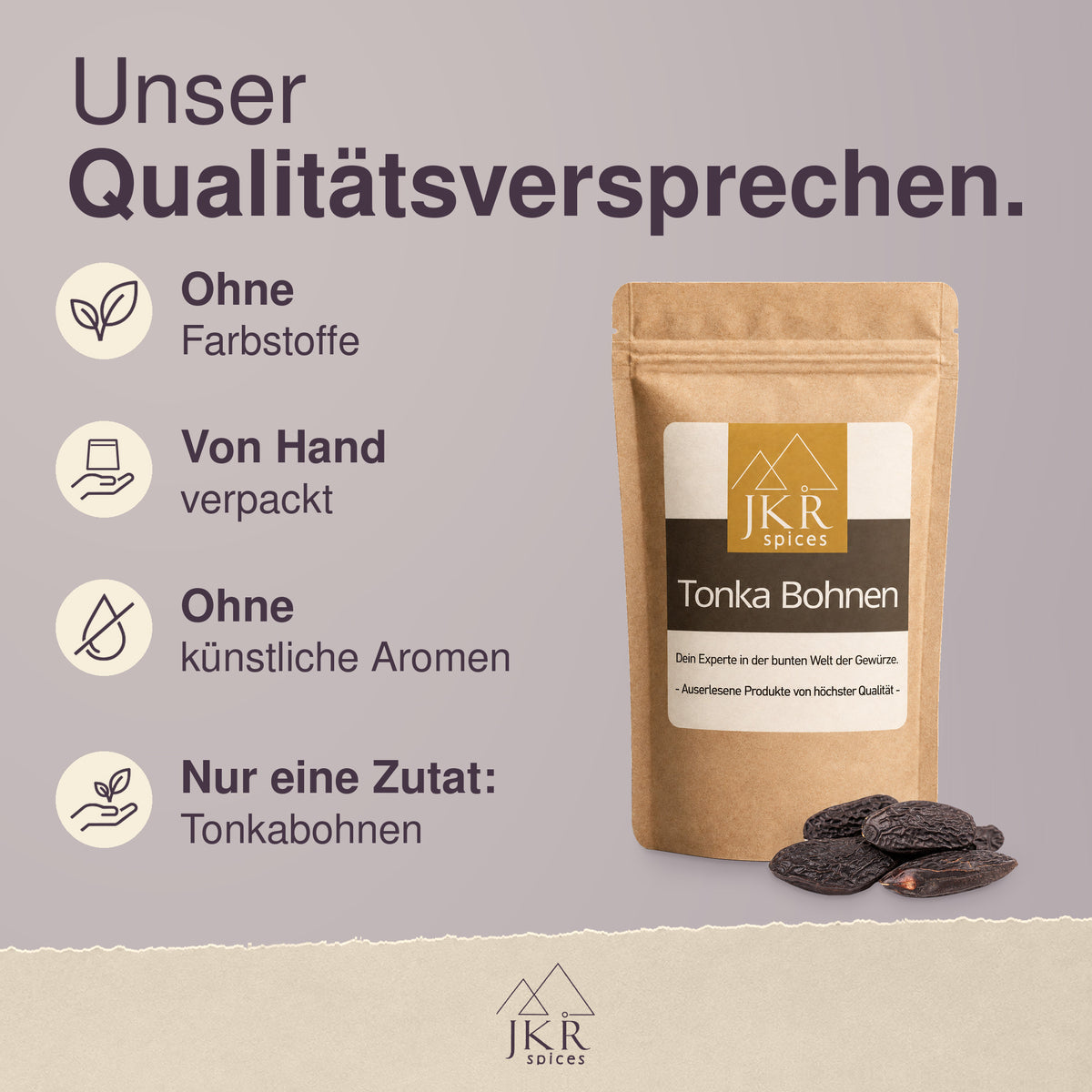 JKR Spices Tonkabohnen mit Qualitätsversprechen: ganze Bohnen, von Hand verpackt und ohne künstliche Aromen