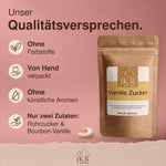 JKR Spices Vanillezucker mit Qualitätsversprechen: von Hand verpackt, ohne Farbstoffe und künstliche Aromen.