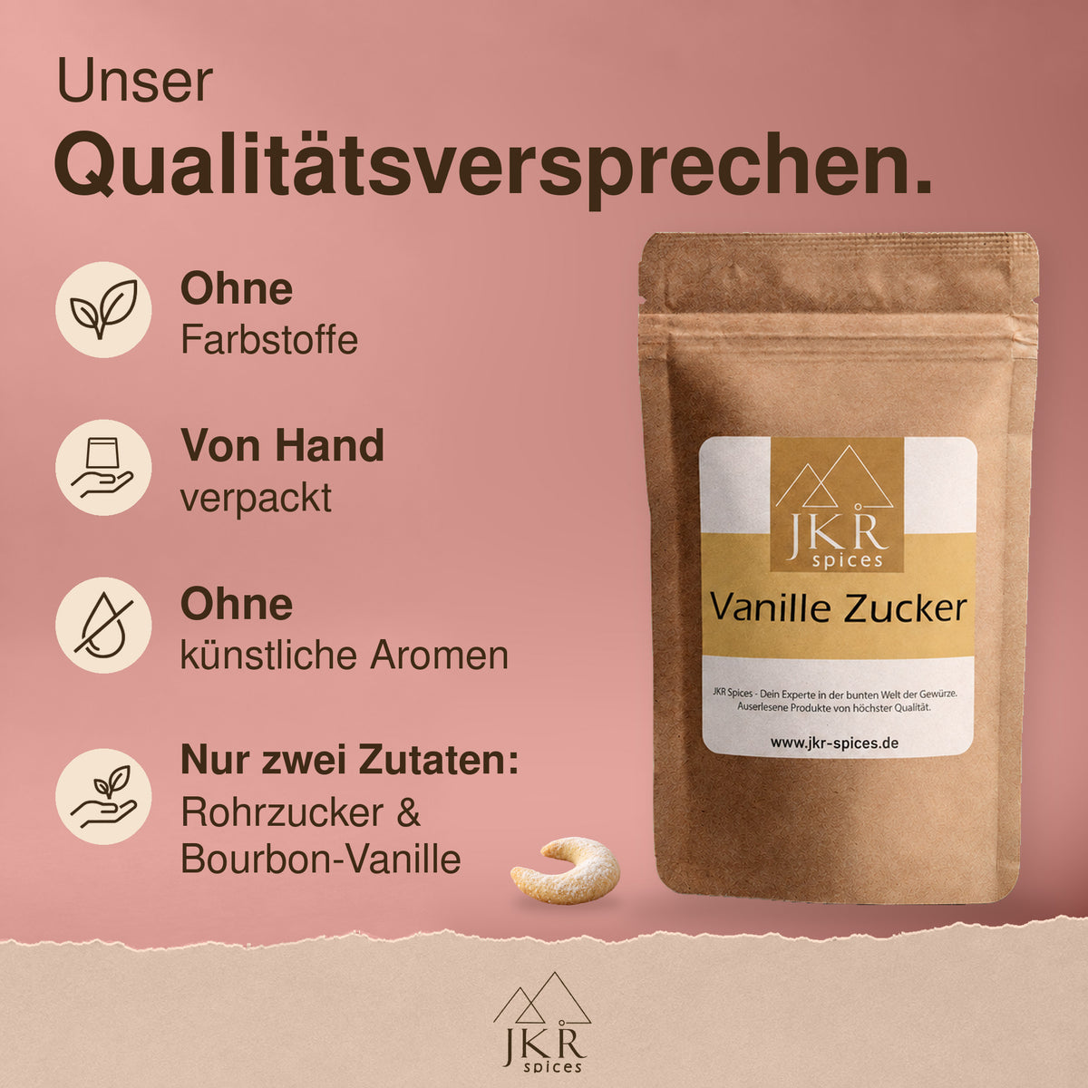 JKR Spices Vanillezucker mit Qualitätsversprechen: von Hand verpackt, ohne Farbstoffe und künstliche Aromen.