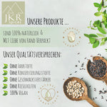 JKR Spices Qualitätsversprechen Grafik, 100% natürlich, handverpackt, vegan, ohne Zusatzstoffe, Zutaten in Holzlöffeln