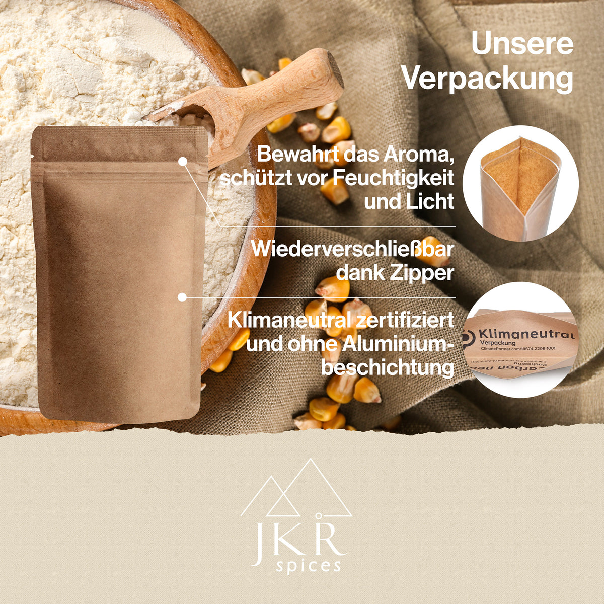 JKR Spices Verpackungsinfografik, wiederverschließbarer Doypack für Maisstärke, material und Aromaschutz als Grafik erklärt