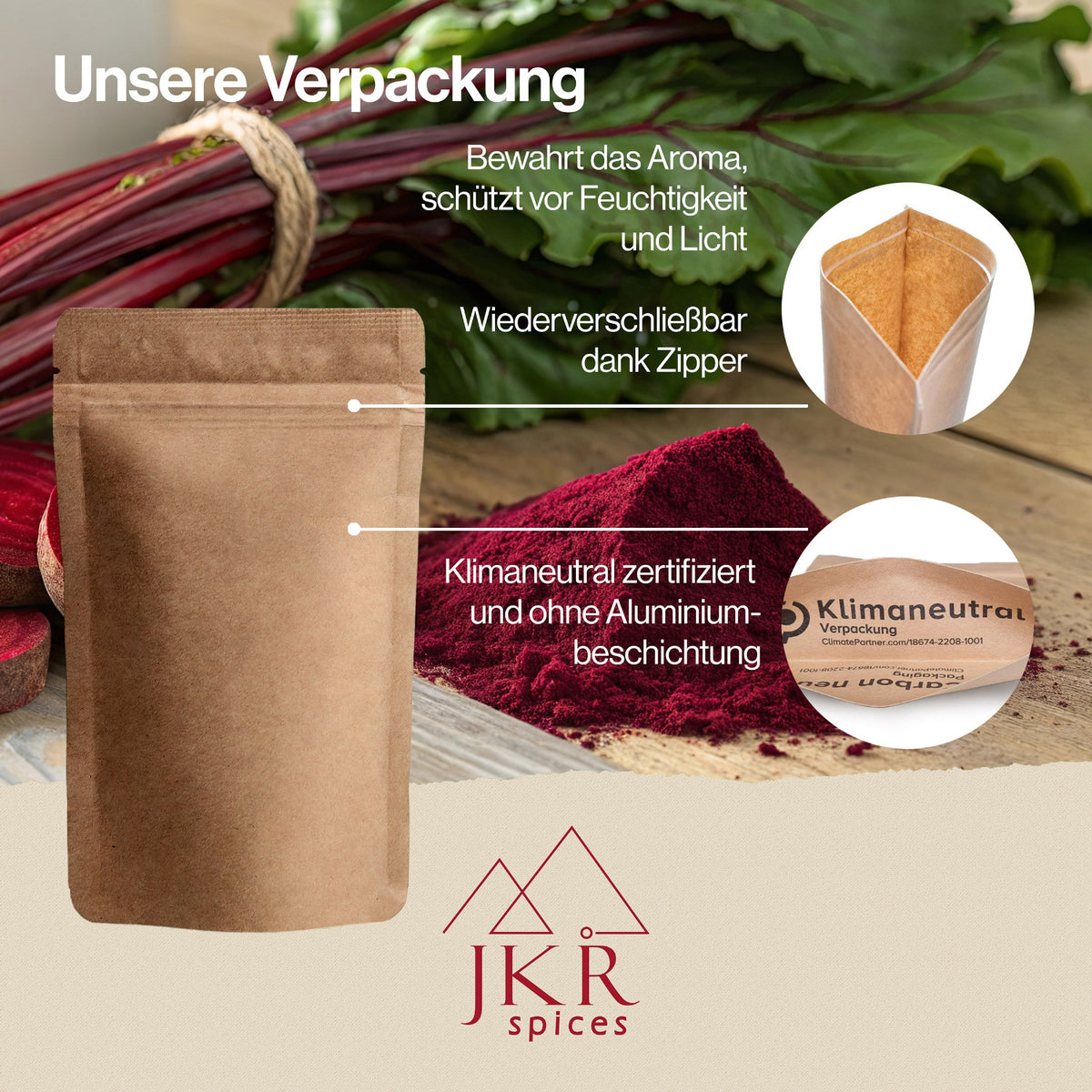 Unsere Verpackung, JKR Spices Rote Bete Kapseln im Doypack, nachhaltige Verpackung und Produktaufmachung
