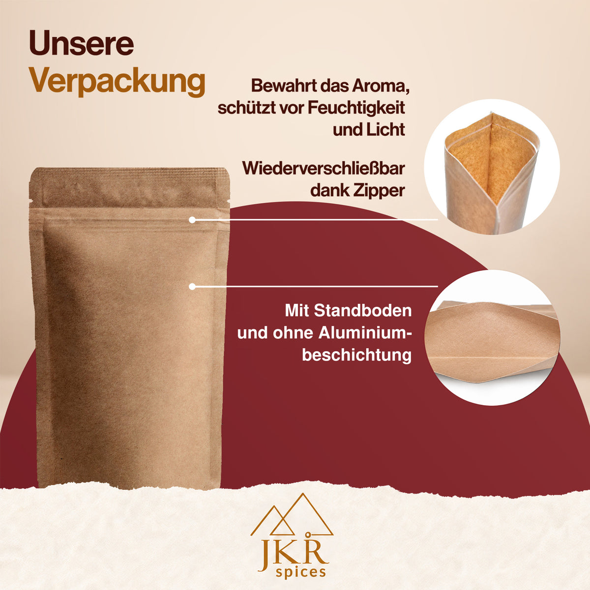 Verpackung von JKR Spices Glühweingewürz mit wiederverschließbarem Zipper und Informationen zum Aromaschutz.