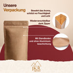 Verpackung von JKR Spices Glühweingewürz mit wiederverschließbarem Zipper und Informationen zum Aromaschutz.