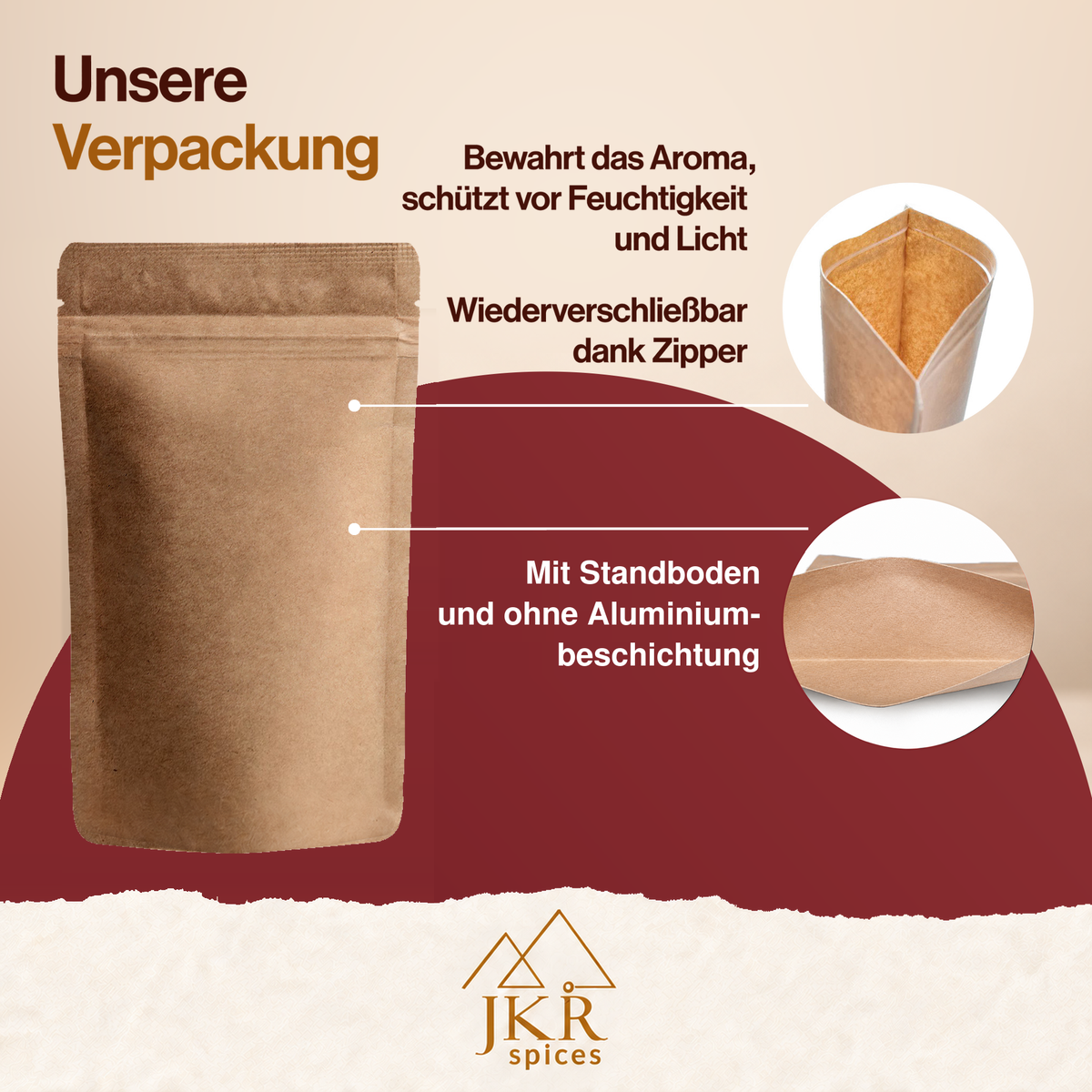 JKR Spices Standbodenbeutel ohne Aluminiumbeschichtung, mit wiederverschließbarem Zipper zum Schutz von Aroma und Inhalt.