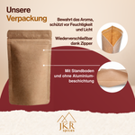 JKR Spices Standbodenbeutel ohne Aluminiumbeschichtung, mit wiederverschließbarem Zipper zum Schutz von Aroma und Inhalt.