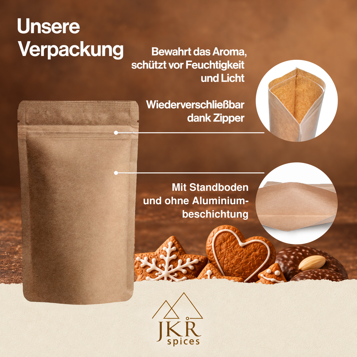 Verpackung von JKR Spices Lebkuchengewürz mit wiederverschließbarem Zipper und Informationen zum Aromaschutz.