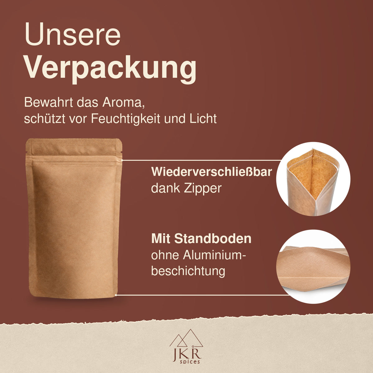 Verpackung von JKR Spices Tomatenpulver mit Zipper und Standboden, ohne Aluminiumbeschichtung.