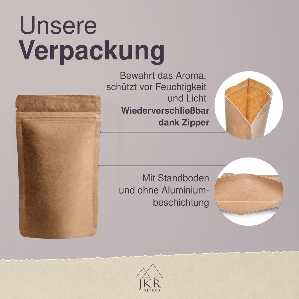 Verpackung für JKR Spices Tonkabohnen: Standbodenbeutel mit Zipper und ohne Aluminiumbeschichtung.