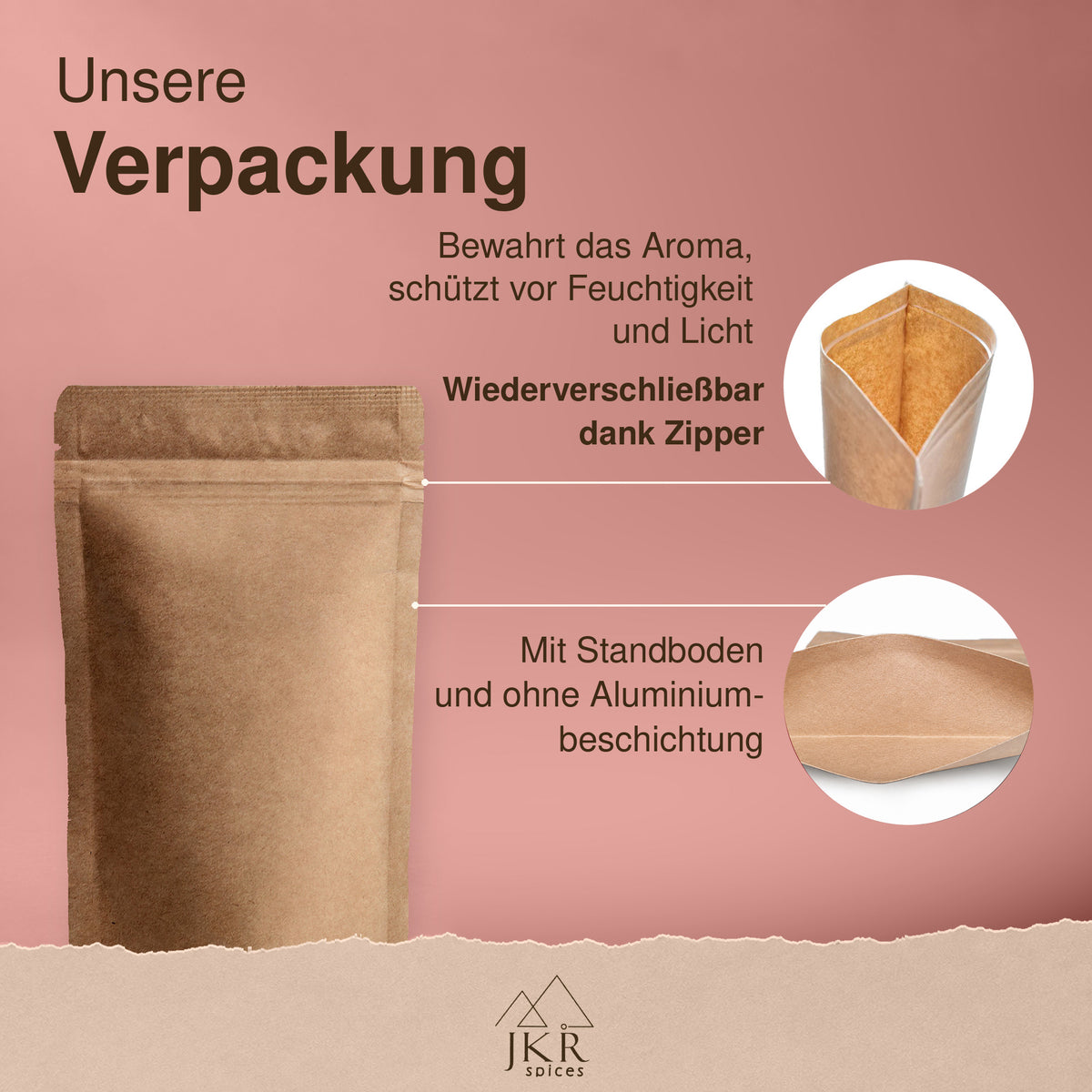 Verpackung für JKR Spices Vanillezucker: Standbodenbeutel mit Zipper und ohne Aluminiumbeschichtung.