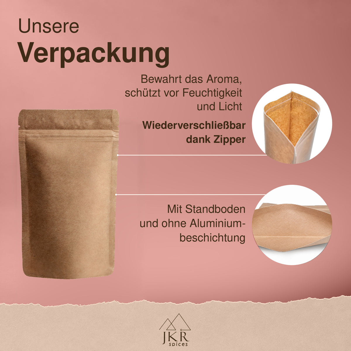 Verpackung für JKR Spices Vanillezucker: Standbodenbeutel mit Zipper und ohne Aluminiumbeschichtung.