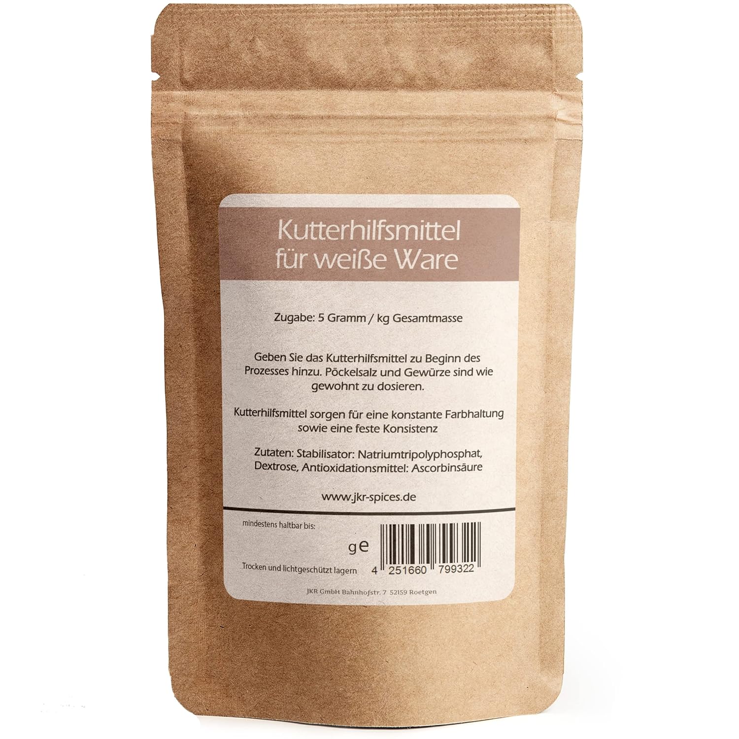 Rückseitenansicht JKR Spices Kuttermittel Doypack, Etikett mit Zutaten und Nährwerten, Produktinformation