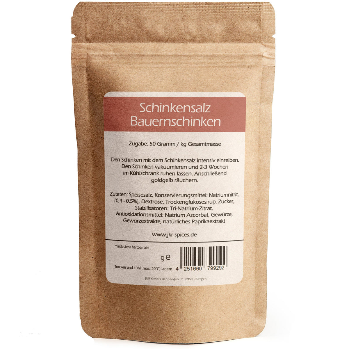 Rückseite JKR spices Schinkensalz Bauernschinken Doypack mit Dosierung, Anleitung, Zutatenliste und Barcode