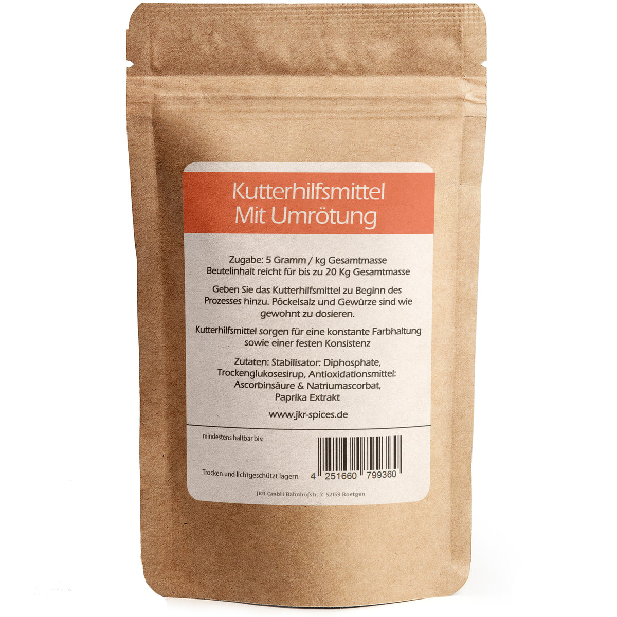 Rückseitenansicht JKR Spices Kuttermittel mit Umrötung Doypack, Etikett mit Zutaten und Produktinformationen