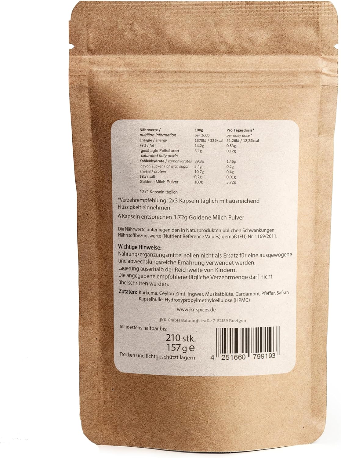 Rückseite des JKR Doypacks für Goldene Milch Kapseln mit Nährwerten und Inhaltsangaben