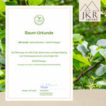 Baum-Urkunde für das Aufforstungsengagement von JKR Spices vor einem grünen Blätterhintergrund.