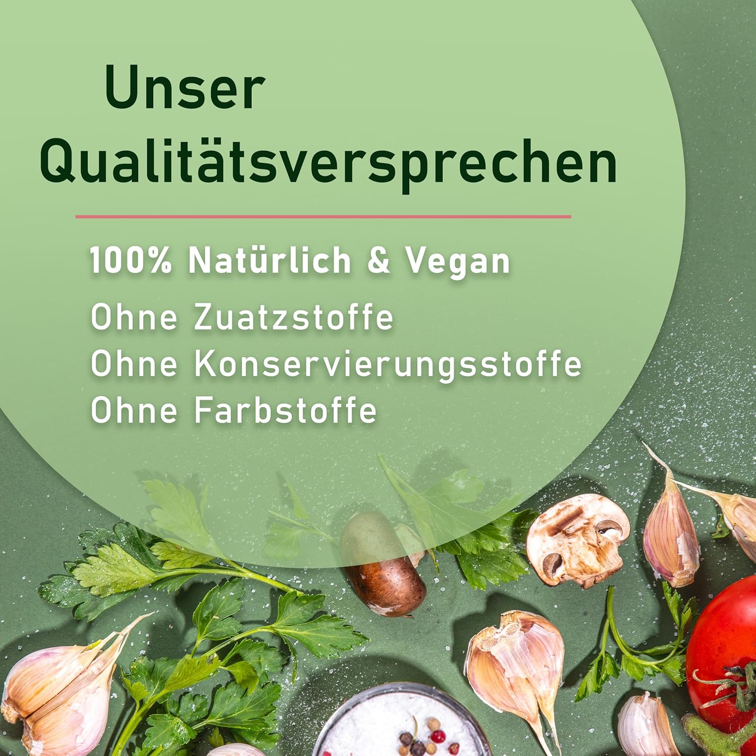 JKR Qualitätsversprechen für Kaliumsalz mit Icons zu Vegan, Ohne Zusatzstoffe und Ohne Geschmacksverstärker – transparente Produktqualität