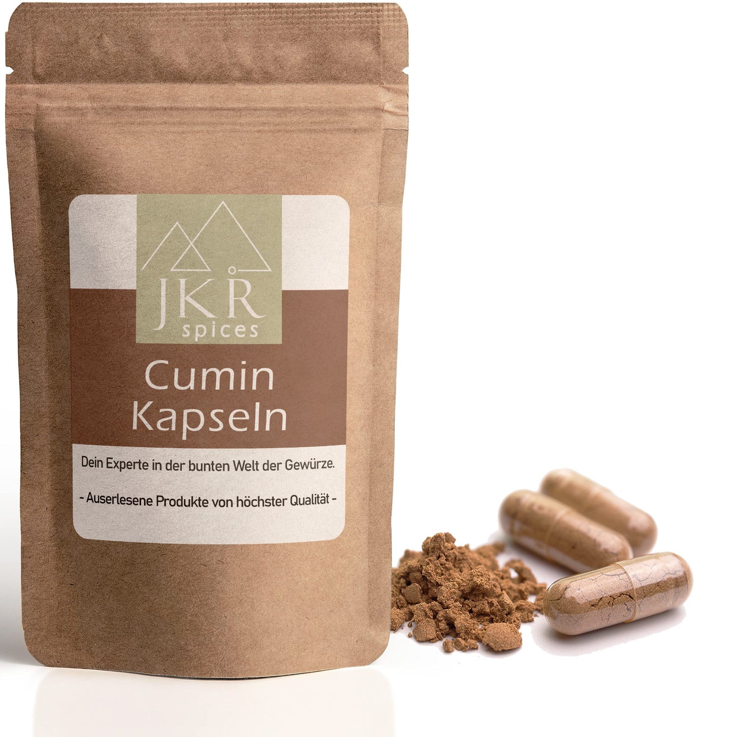 Cumin Kapseln im braunen JKR Doypack mit geöffneten Kapseln und Cuminpulver davor – hochwertige Gewürzkapseln in veganer Form