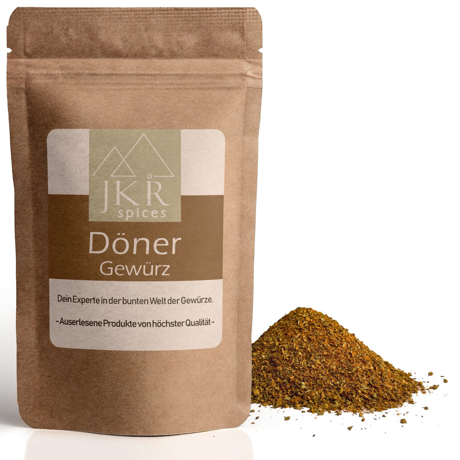 Döner Gewürz im braunen JKR Doypack mit goldbrauner Gewürzmischung davor – aromatische Mischung für Döner, Fleisch und Grillgerichte