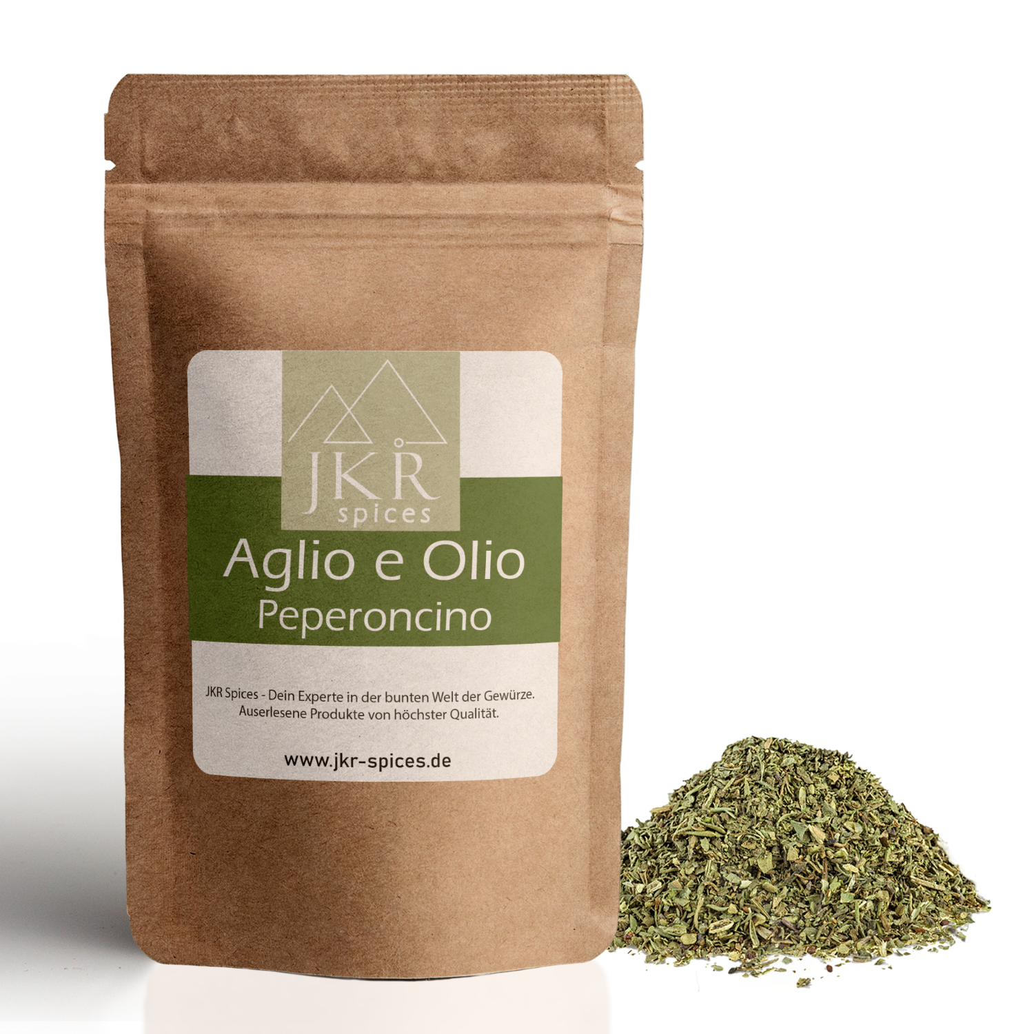 JKR Aglio e Olio Peperoncino im braunen Doypack, daneben aromatische Kräuter-Mischung – hochwertige Gewürzmischung für Pasta und mediterrane Küche