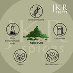 Übersicht der JKR Qualitätsversprechen mit Icons: naturbelassen, vegan, ohne Zusatzstoffe, sorgfältig verarbeitet – klare Darstellung der Produktwerte