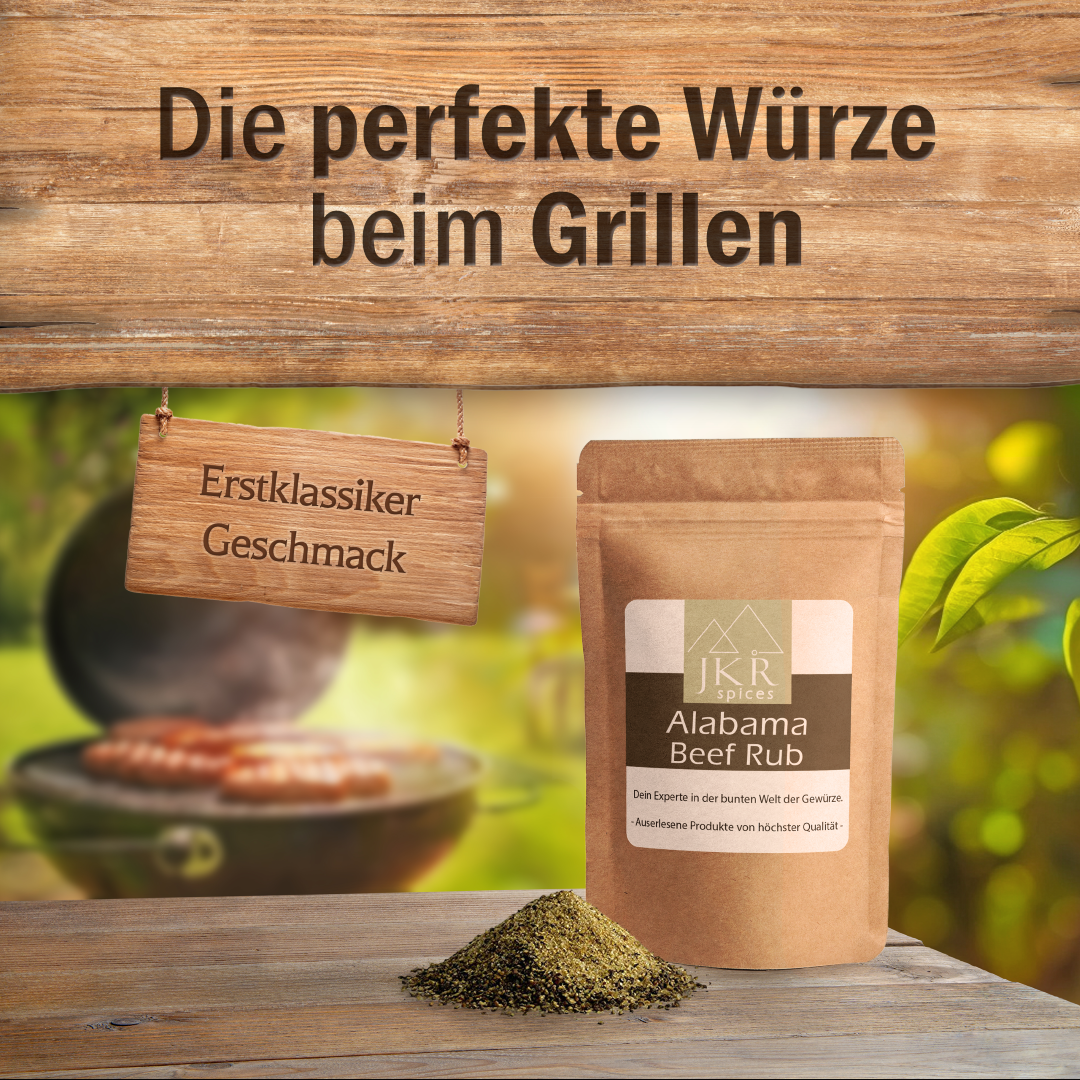 JKR Alabama Beef Rub neben Grill und frischen Kräutern – ideale Gewürzmischung für Fleisch, Rubs und BBQ