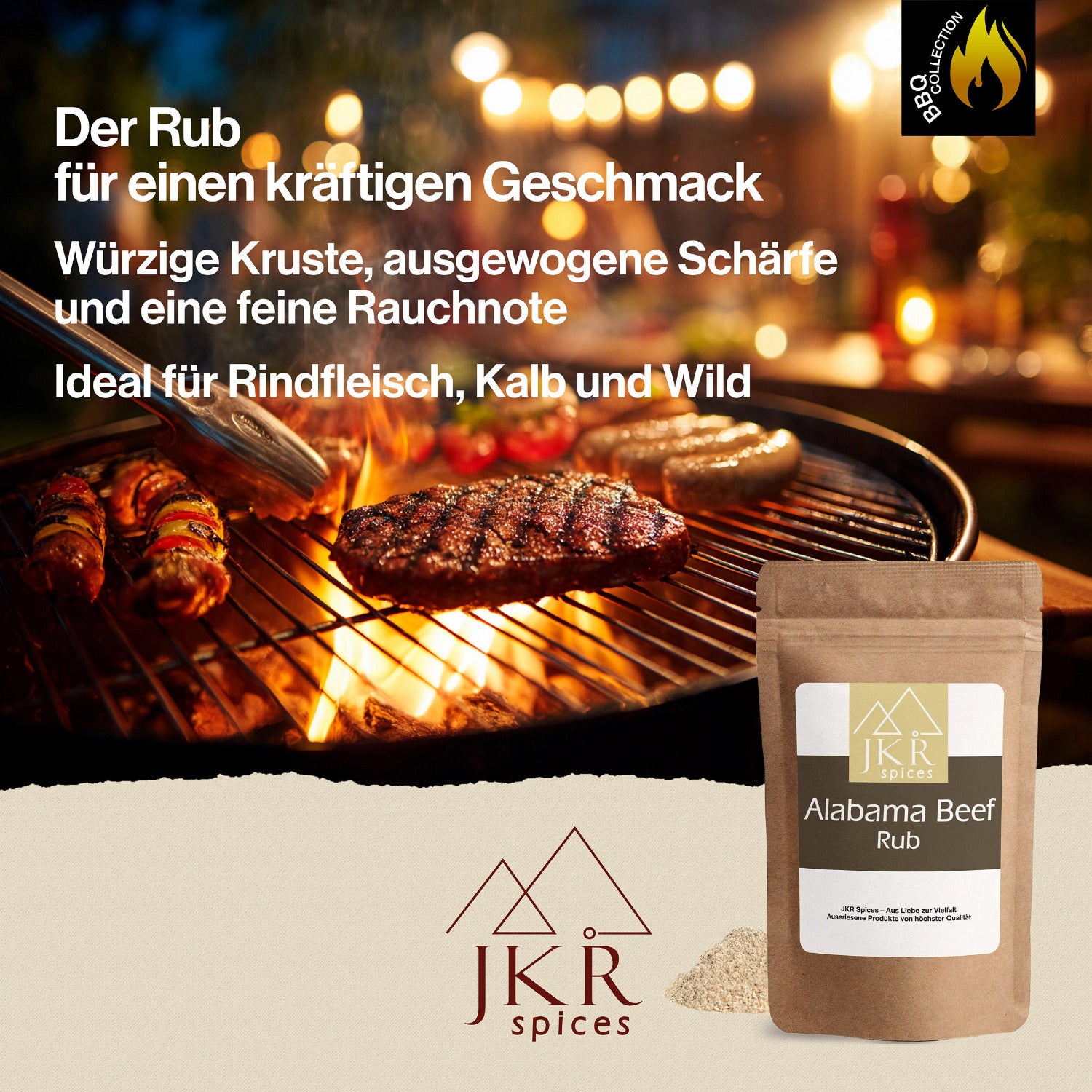 JKR Spices Alabama Beef Rub im Doypack neben Grillmotiv mit Steak und Flammen, BBQ Werbebild für würzige Gewürzmischung mit Rauchnote für Rindfleisch, Kalb und Wild