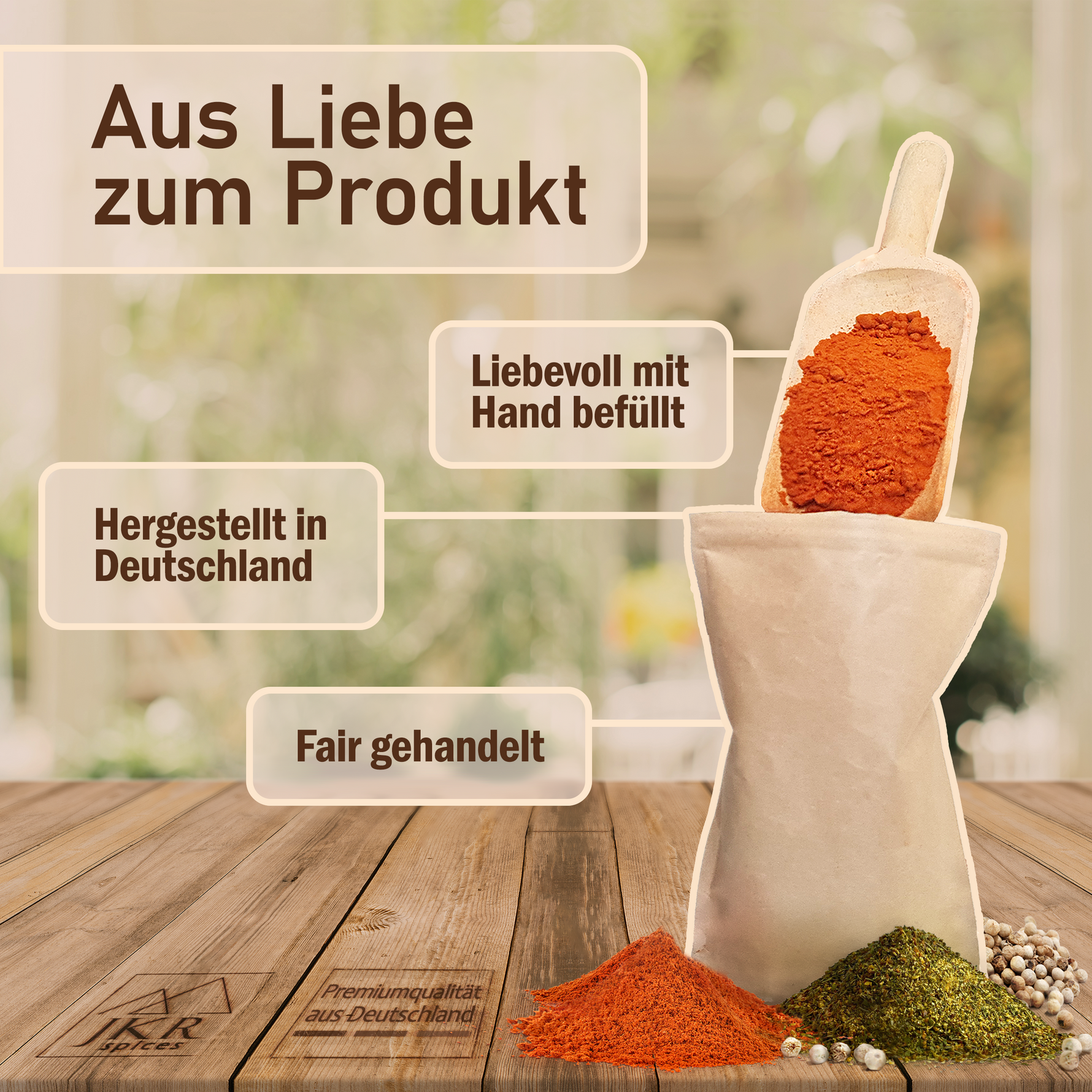 Aus Liebe zum Produkt, JKR Spices Abfüllung von Gewürzen, sorgfältige Verarbeitung, hochwertige Rohwaren und Handarbeit