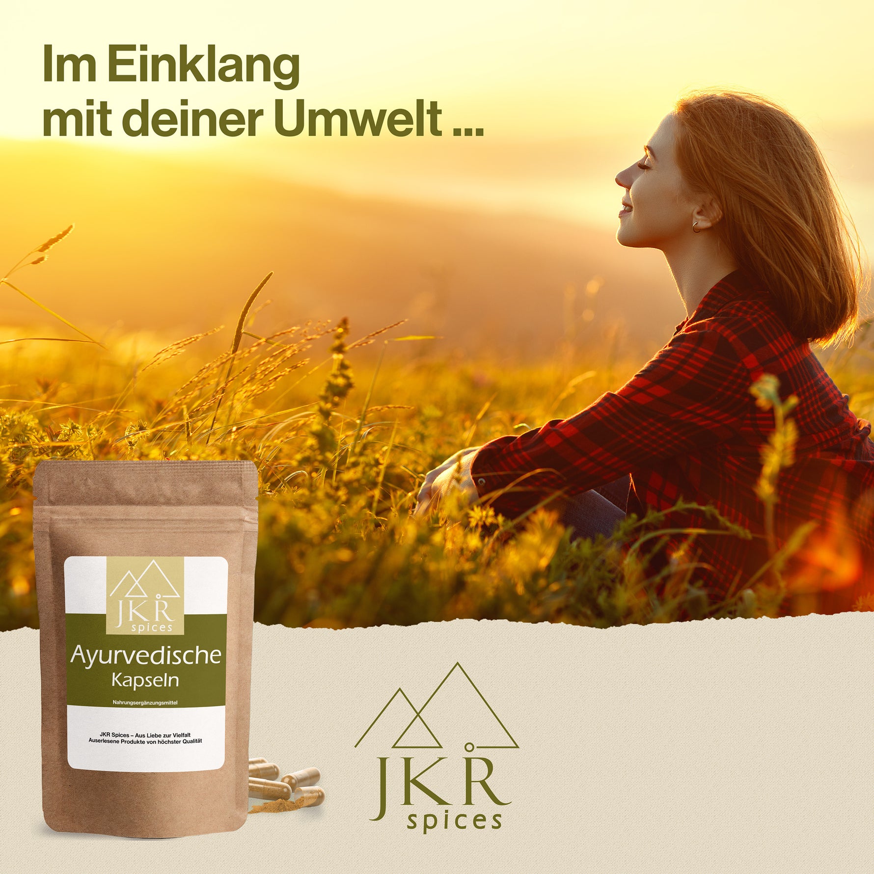 JKR Spices ayurvedische Kapseln im Doypack: Im Einklang mit deiner Umwelt ... Sommerliche Wiese bei Sonnenuntergang, Lifestyle Motiv.
