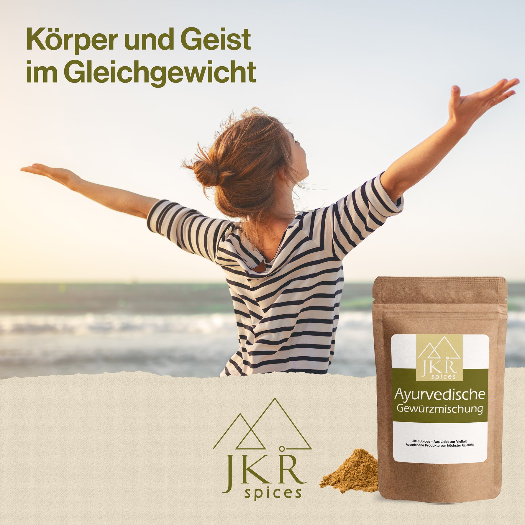 Ayurvedische Gewürzmischung von JKR in natürlicher Landschaft mit warmem Licht, Fokus auf Wohlbefinden und ausgewogener Ernährung