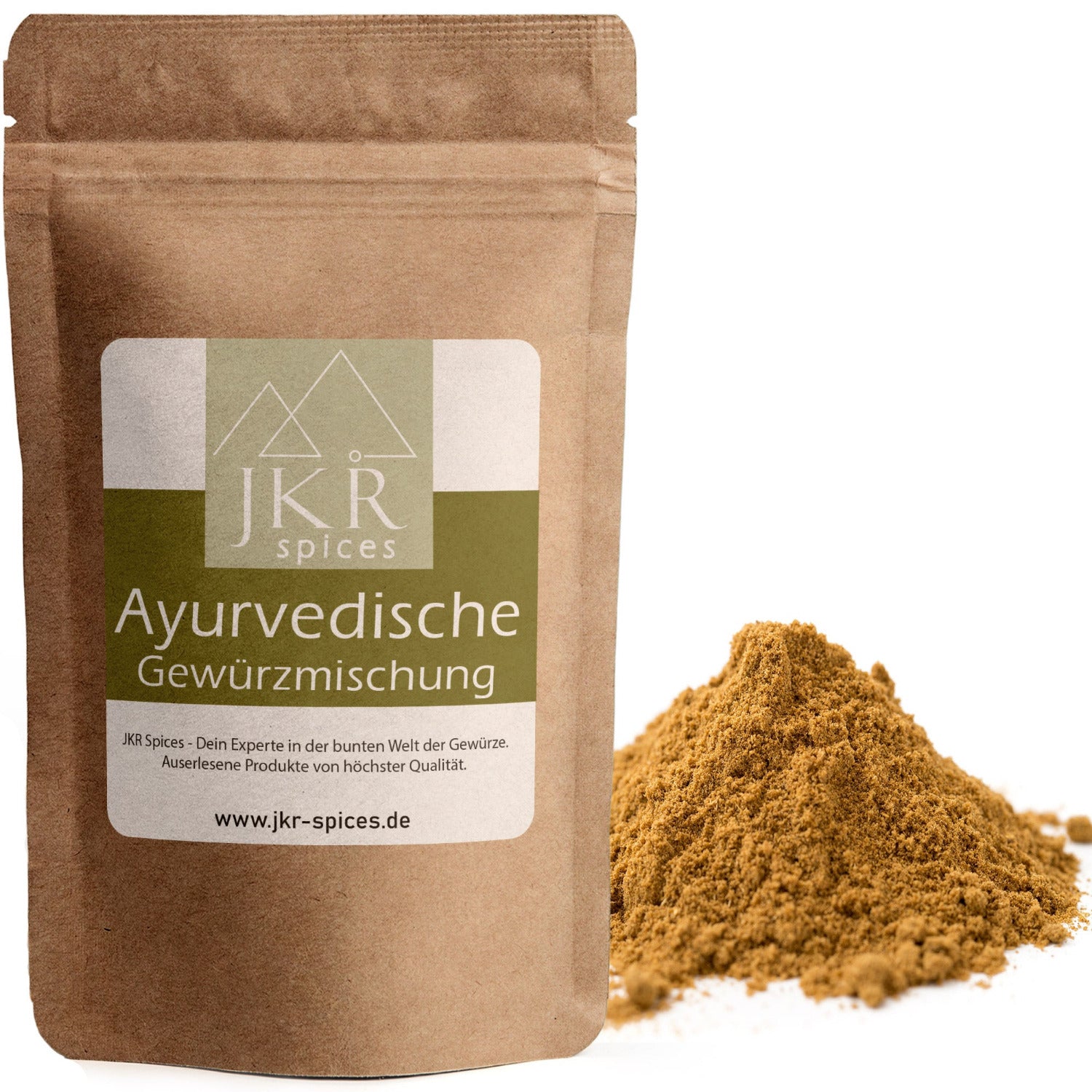 Ayurvedische Gewürzmischung von JKR im Doypack mit ausgestreutem aromatischem Gewürz, hochwertige natürliche Mischung für wohltuende Küche