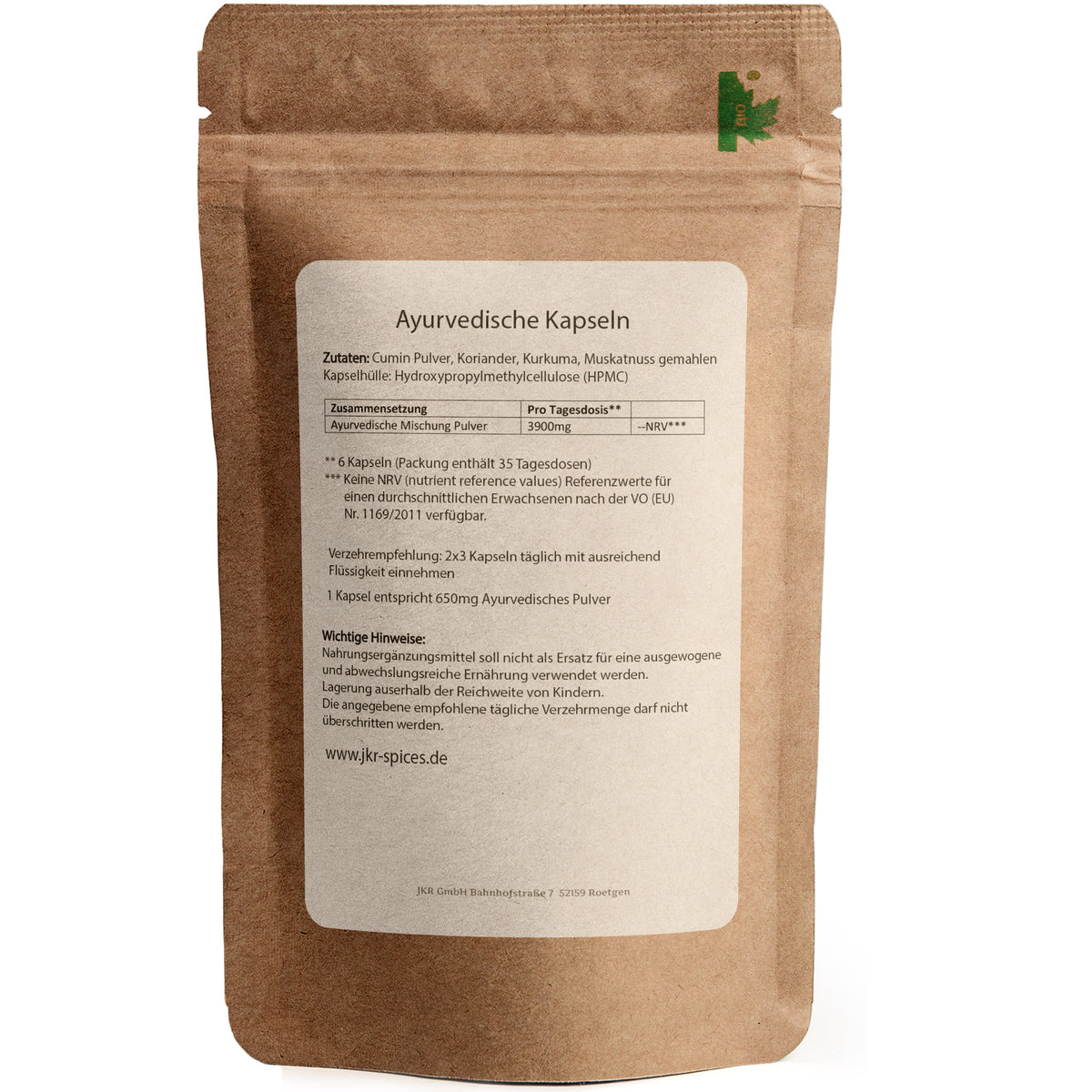 Rückseite der Ayurvedische Kapseln von JKR mit Nährwerttabelle, Bio-Hinweisen, Anwendung und Zutaten, transparente Produktinformationen