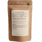 Rückseite der Ayurvedische Kapseln von JKR mit Nährwerttabelle, Bio-Hinweisen, Anwendung und Zutaten, transparente Produktinformationen