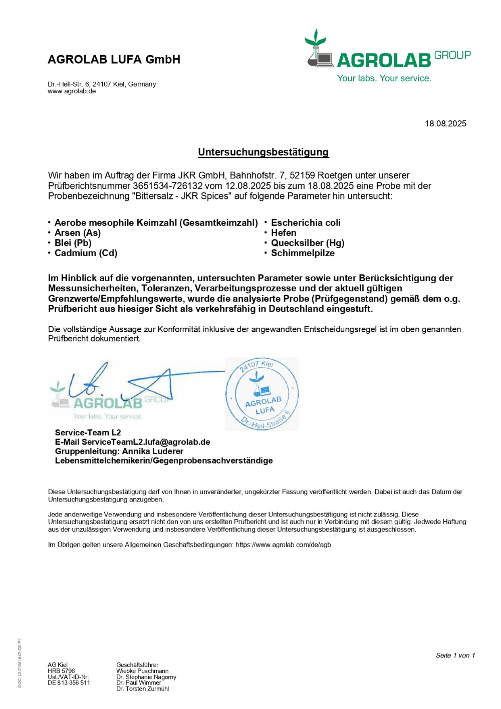 AGROLAB LUFA Untersuchungsbestätigung für JKR GmbH zur Probe Bittersalz JKR Spices mit geprüften Parametern Gesamtkeimzahl, E. coli, Hefen, Schimmelpilze sowie Arsen, Blei, Cadmium, Quecksilber, datiert 18.08.2025
