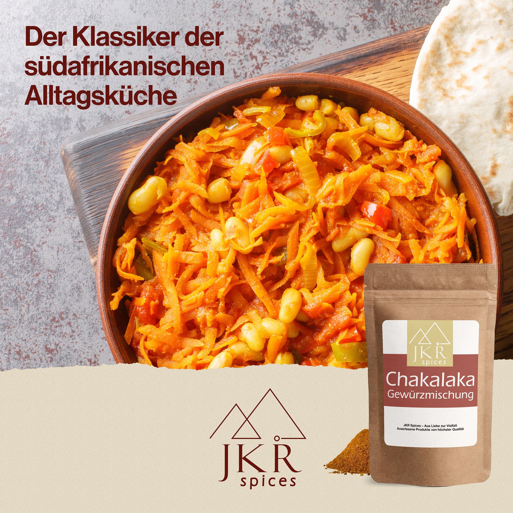Afrikanischer Chakalaka-Eintopf mit Gemüse und Gewürzen – aromatische Mischung für würzige, farbenfrohe Gerichte, Text: Der Klassiker der südafrikanischen Alltagsküche