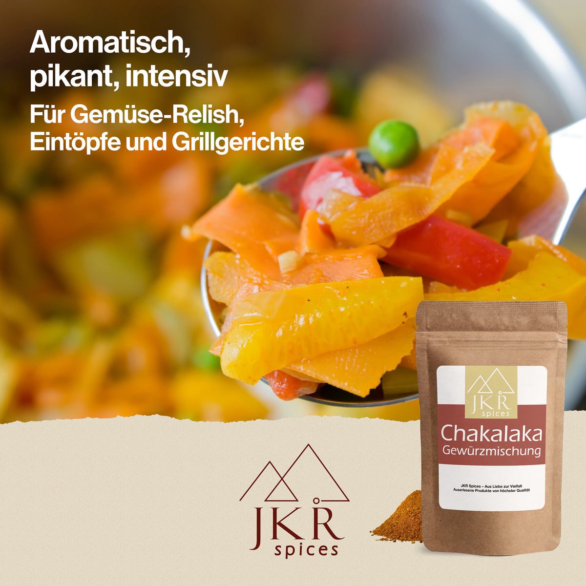 Detailbild von Löffel mit Paprika-Gemüse, Text: Aromatisch, pikant, intensiv. Für Gemüse-Relish, Eintöpfe und Grillgerichte