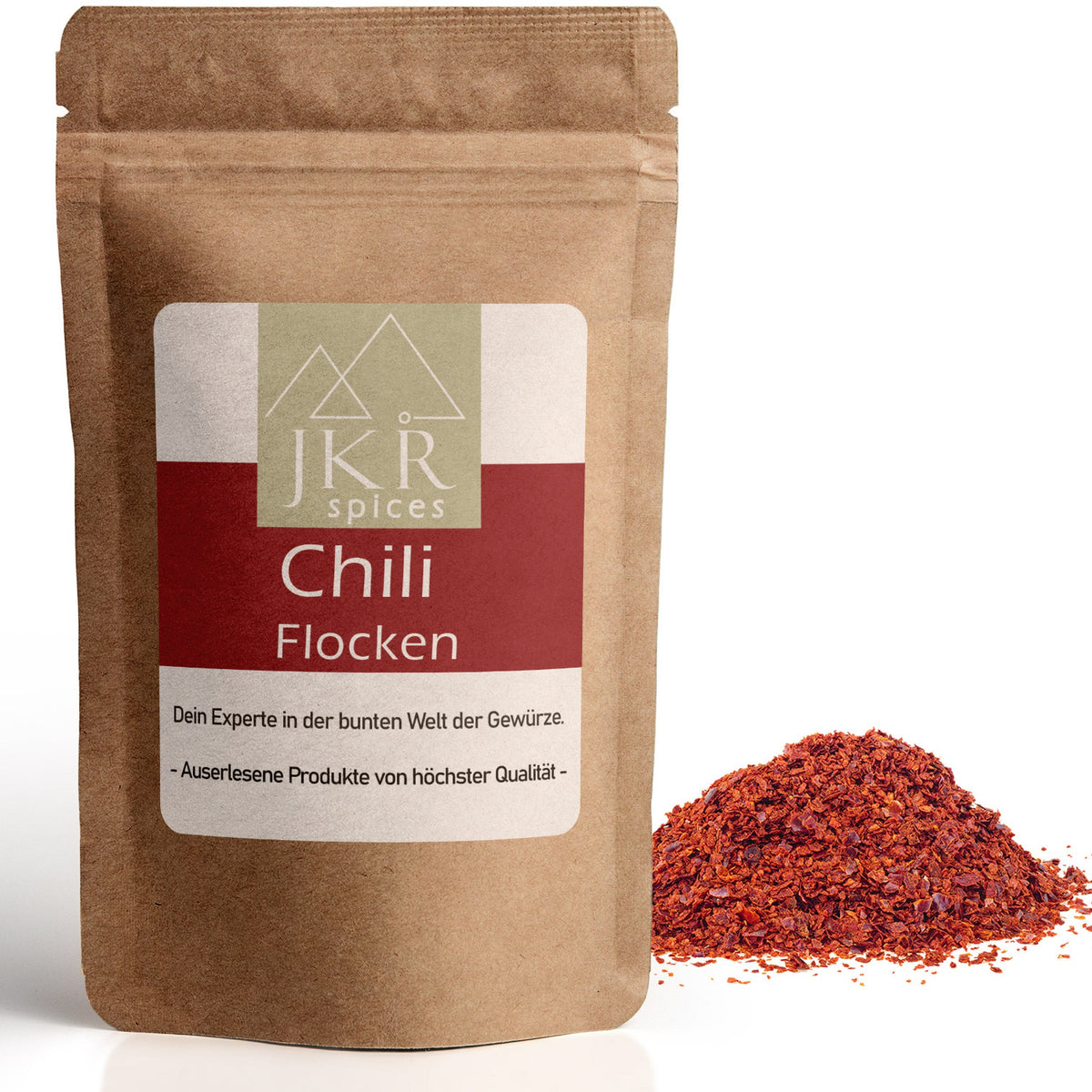 Chili Flocken im braunen JKR Doypack mit sichtbaren roten Chiliflocken davor – scharfes Gewürz in hochwertiger Verpackung