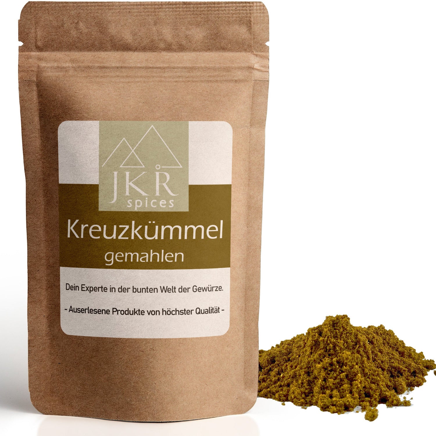 Kreuzkümmel gemahlen im braunen JKR Doypack mit gelb-braunem Cuminpulver daneben – aromatisches Gewürz für orientalische Küche