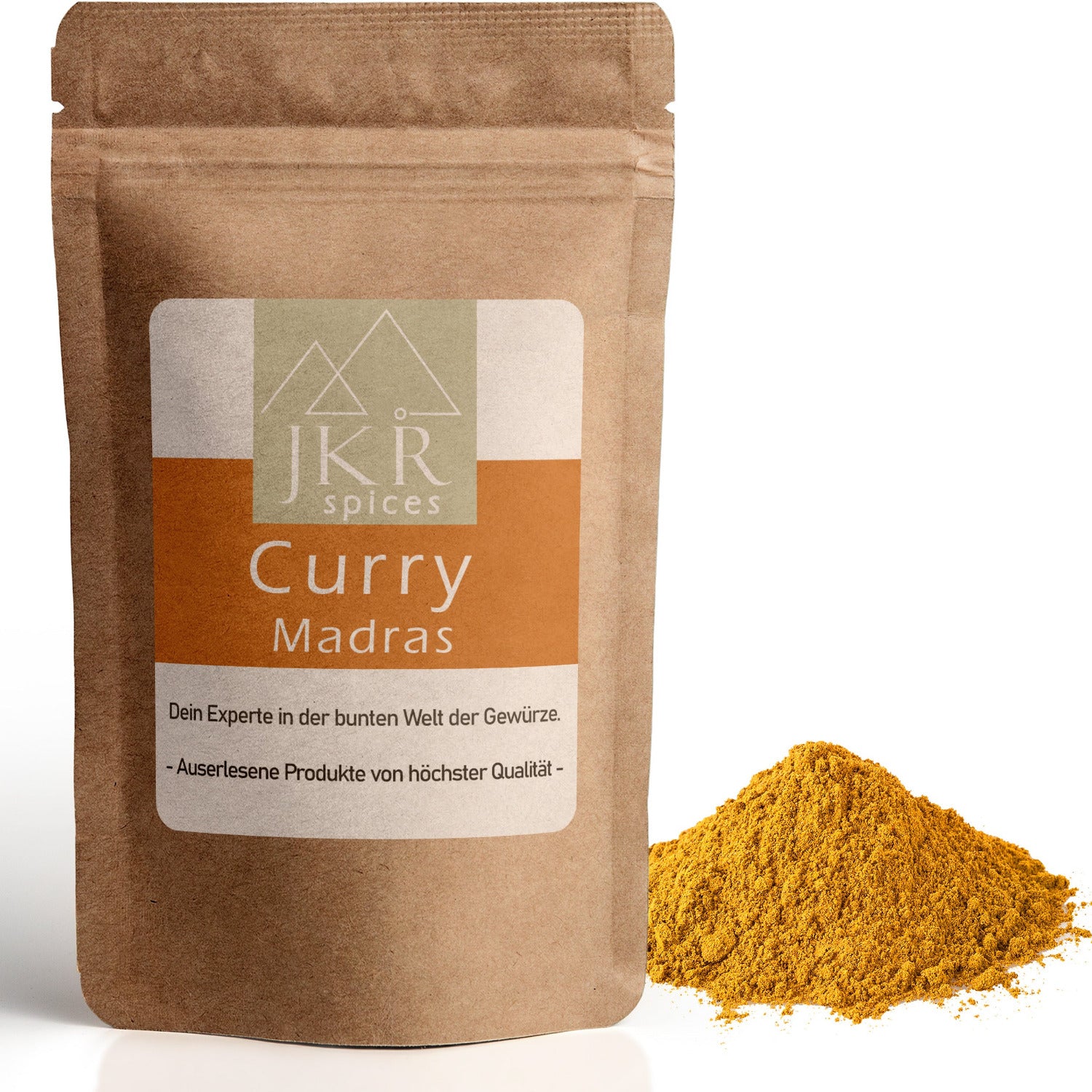 Madras Curry im braunen JKR Doypack mit gelb-braunem Currypulver daneben – milde Gewürzmischung für vielseitige Gerichte