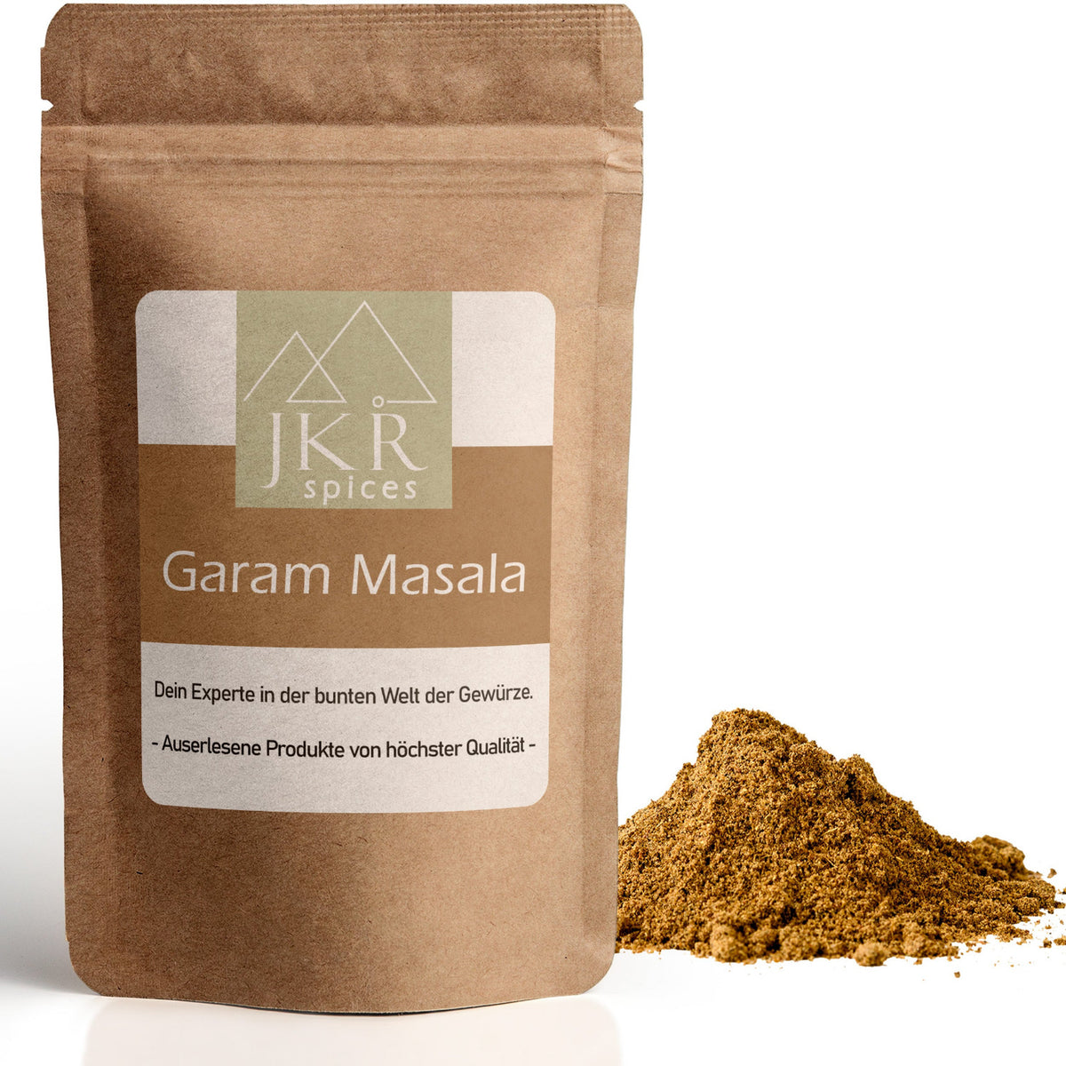 Garam Masala im braunen JKR Doypack mit aromatischer Gewürzmischung davor – indische Mischung für Curry, Gemüse und Fleischgerichte