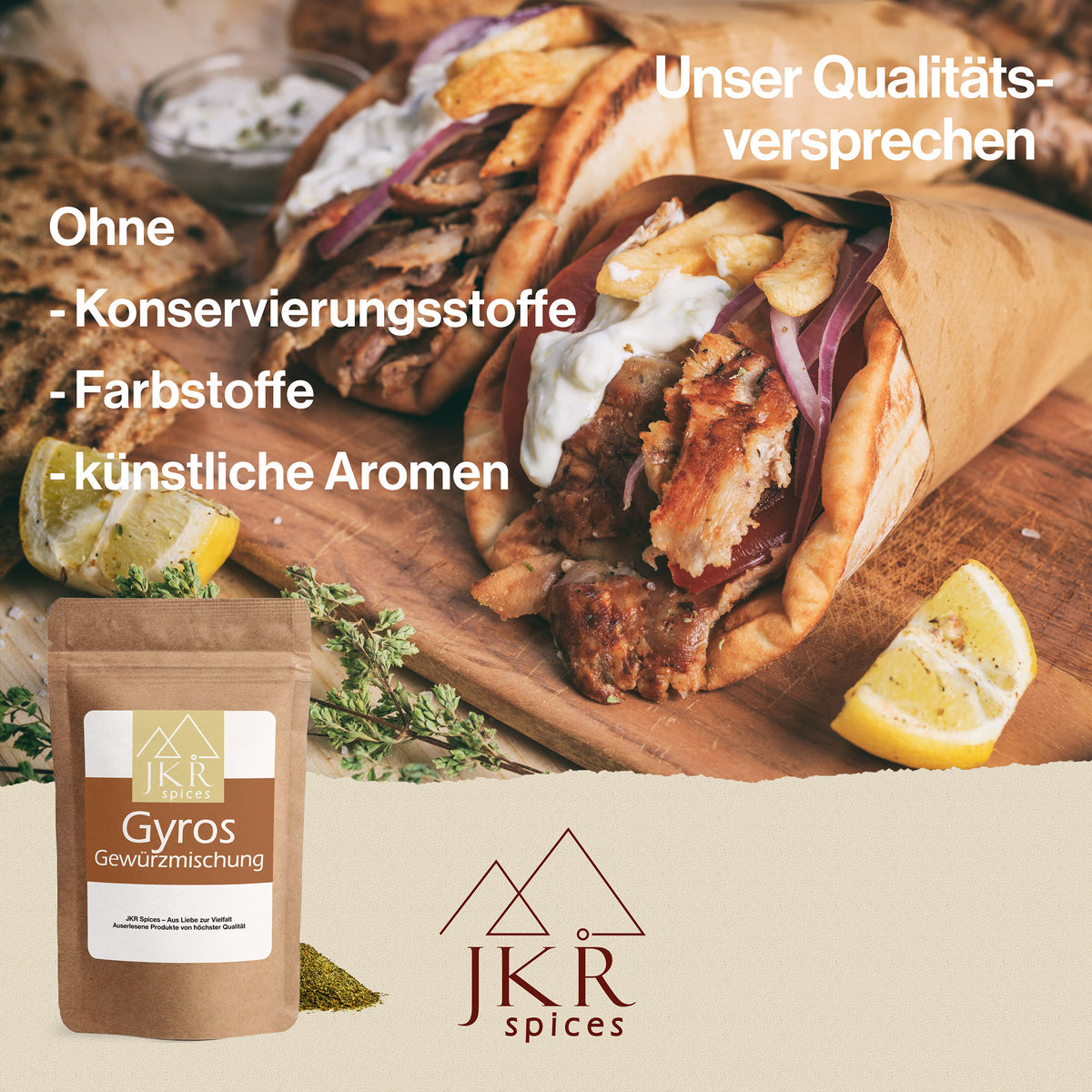JKR Spices Qualitätsversprechen zur Gyros Gewürzmischung, Textgrafik Ohne Konservierungsstoffe, Farbstoffe, künstliche Aromen