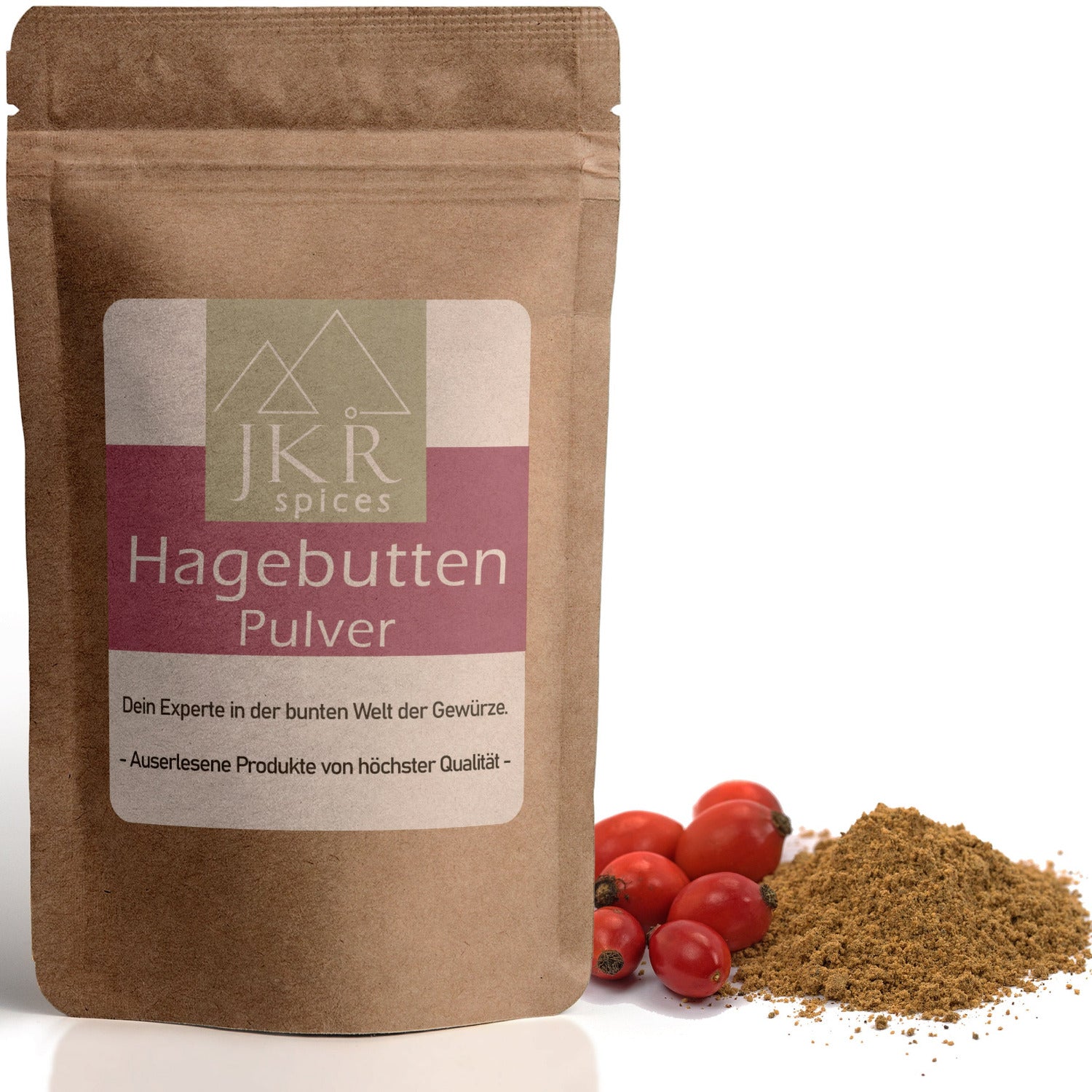 Hagebutten Pulver im braunen JKR Doypack mit fein gemahlenem Pulver und frischen Hagebutten daneben – fruchtiges Naturpulver für Smoothies, Tee und Küche.