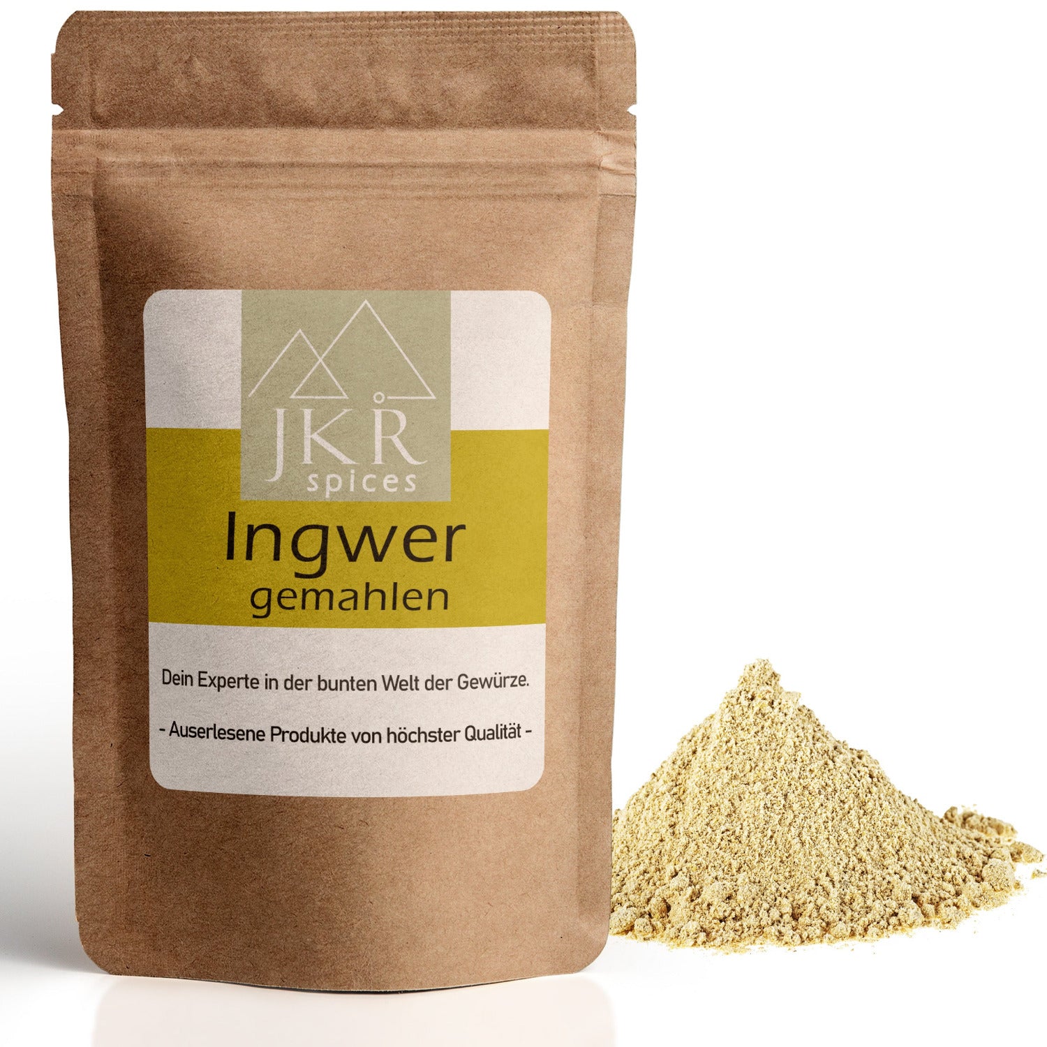 Ingwer gemahlen im braunen JKR Doypack mit hellem Ingwerpulver davor – aromatisches Gewürz für Tee, Currys und asiatische Küche