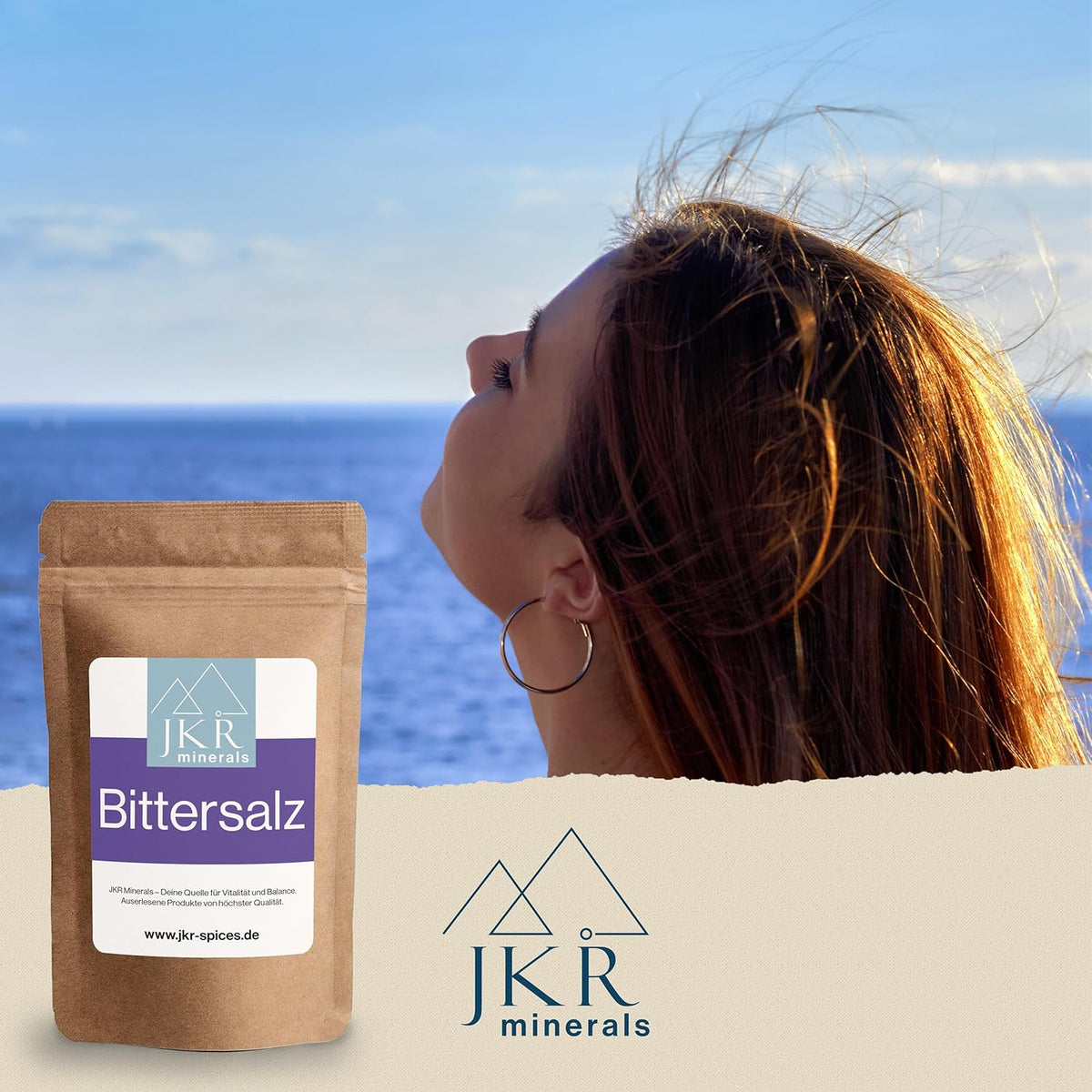 Frau in der Natur mit Bittersalz von JKR Minerals, sanfte Entspannung und natürliches Magnesiumsulfat