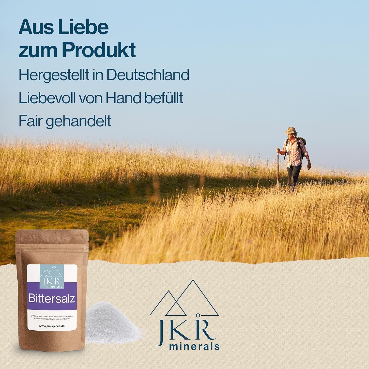 Frau im Sonnenschein mit JKR Minerals Bittersalz, Fokus auf Nachhaltigkeit und Sorgfalt bei der Herstellung