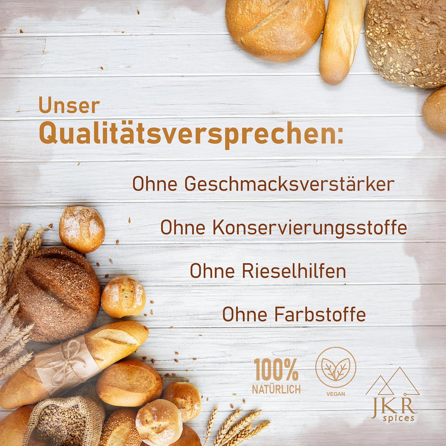JKR Spices Brotgewürz – Qualitätsversprechen: ohne Geschmacksverstärker, ohne Konservierungsstoffe, ohne Rieselhilfe, ohne Farbstoffe; natürliche Gewürzmischung für aromatische Brote
